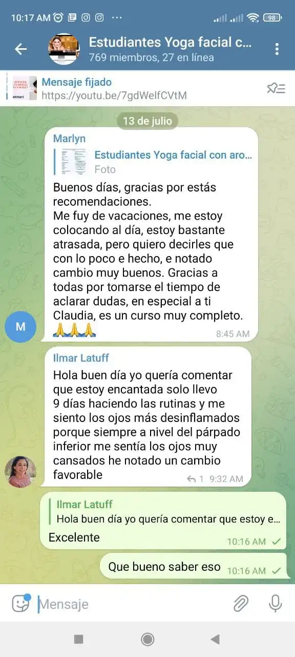 Comentarios de alumnas en el grupo de Telegram sobre los cambios que notaron en su piel