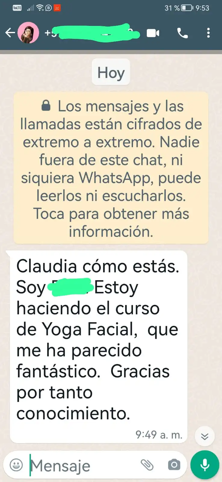 Mensaje de WhatsApp de una alumna que encontró el curso fantástico