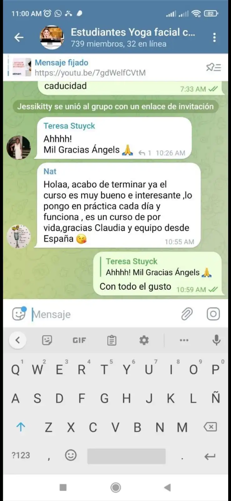 Mensaje en el grupo de Telegram de alumnas: cuenta que terminó el curso y lo pone en práctica todos los días