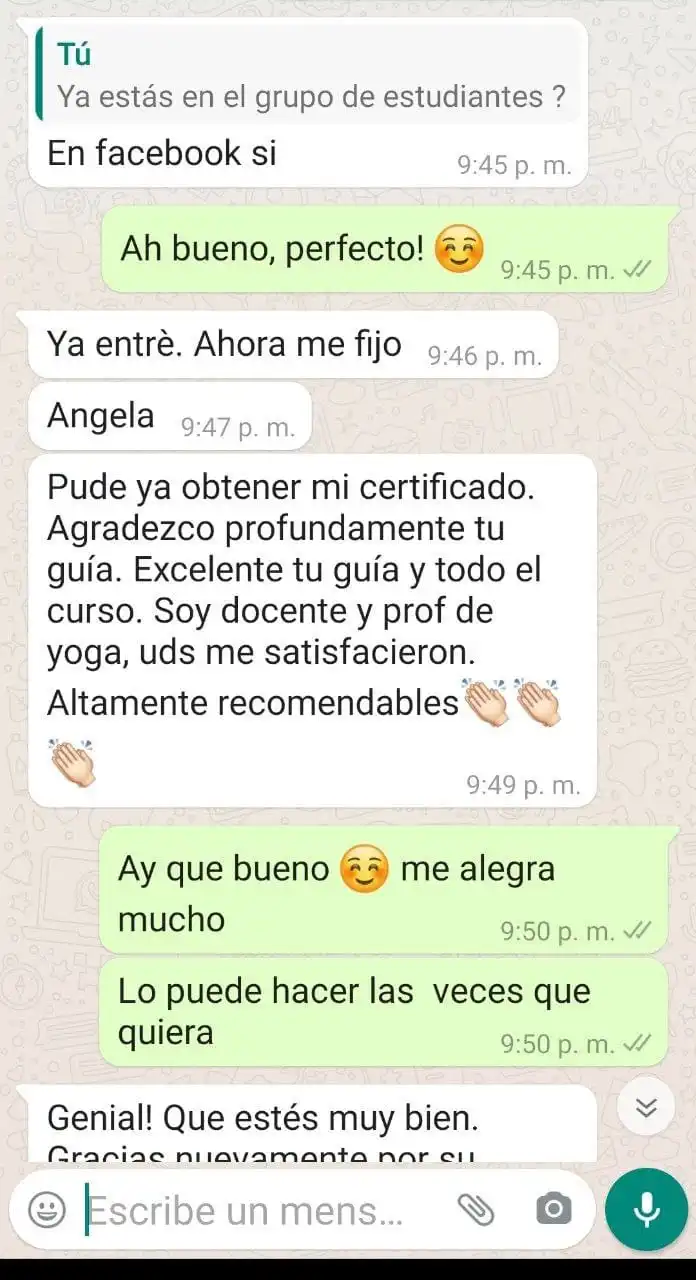 Alumna profesora de yoga agradece la guía del curso después de obtener su certificado